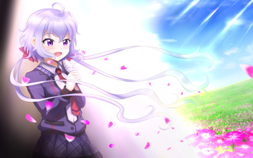 1girl, flower, fortune, grass, hair_ornament, long_hair, microphone, necktie, school_uniform, senki_zesshou_symphogear, silver_hair, singing, skirt, sky, solo, twintails, violet_eyes, yukine_chris
