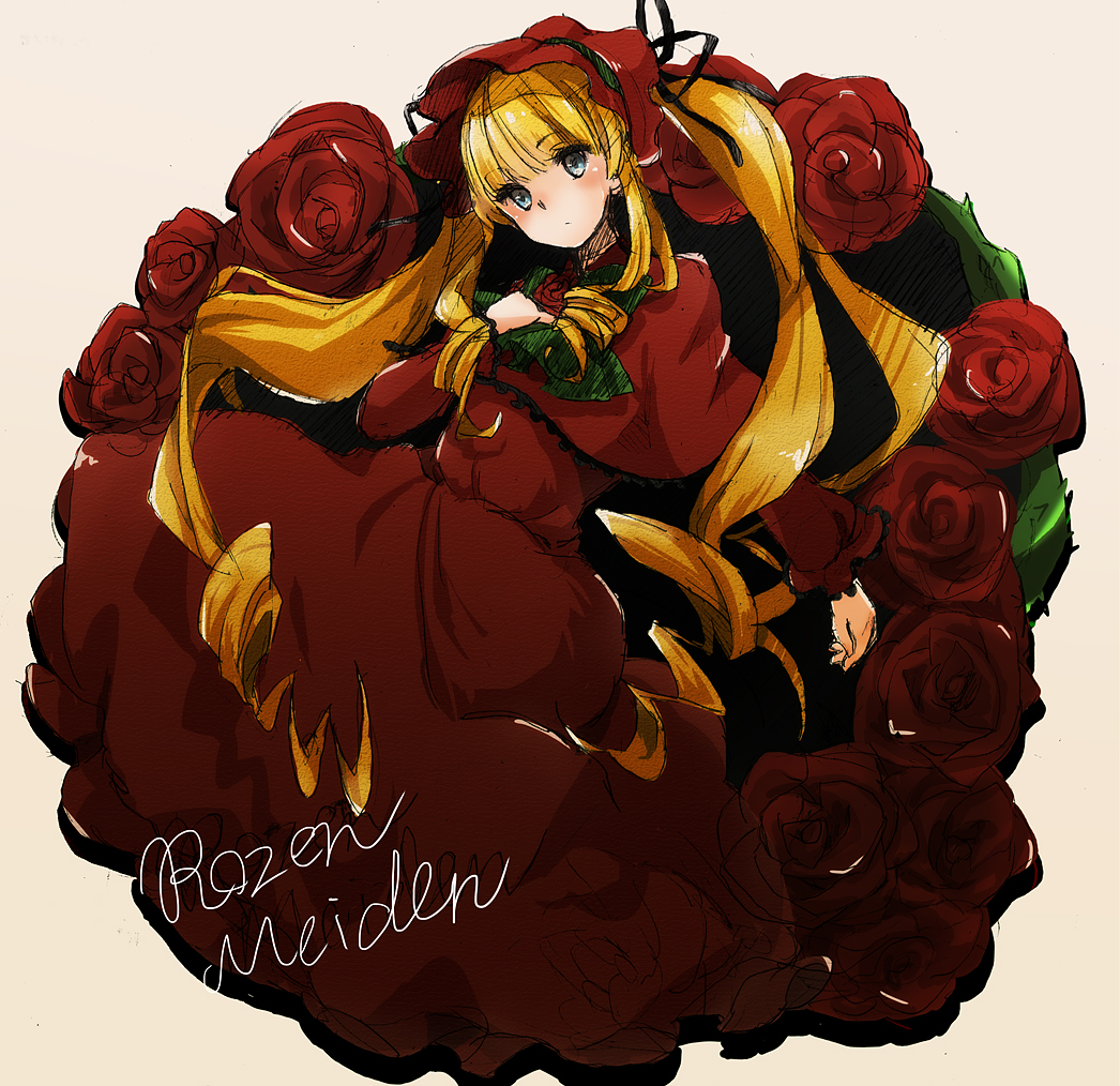 1girl, blonde_hair, blue_eyes, blush, bonnet, bow, dress, flower, hand_on_own_chest, lolita_fashion, long_hair, quinrose, red_dress, rose, rozen_maiden, shinku, solo, twintails