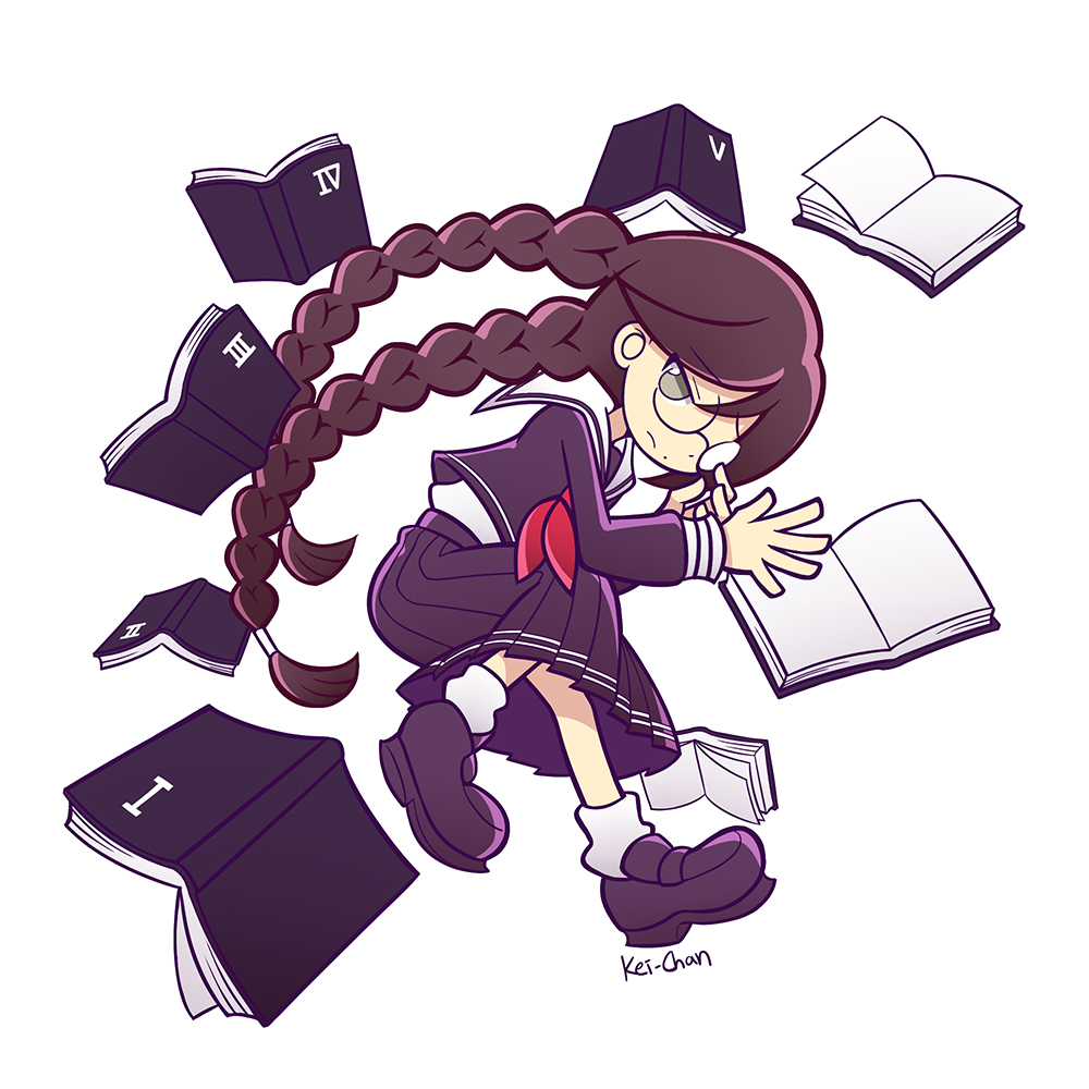 1girl, book, braid, brown_eyes, brown_hair, dangan_ronpa, danganronpa_(series), dress