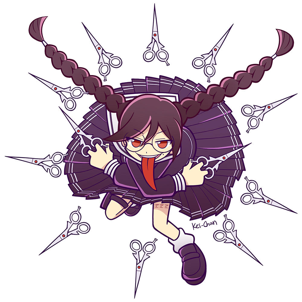 1girl, braid, brown_hair, crossed_arms, dangan_ronpa, danganronpa_(series), fukawa_touko, genocider_shou, glasses, kei-chan_(atlas_kei), long_hair, long_tongue, mole, parody, puyopuyo, puyopuyo_artstyle, red_eyes, school_uniform, scissors, serafuku, shoes, signature, skirt, smile, socks, solo, style_parody, tongue, twin_braids, twintails, white_background