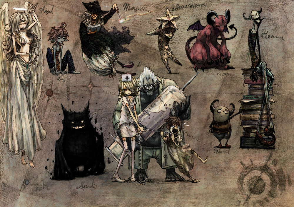 6th_gate, angel_wings, blonde_hair, blue_skin, demon_tail, demon_wings, glasses, hair_over_breasts