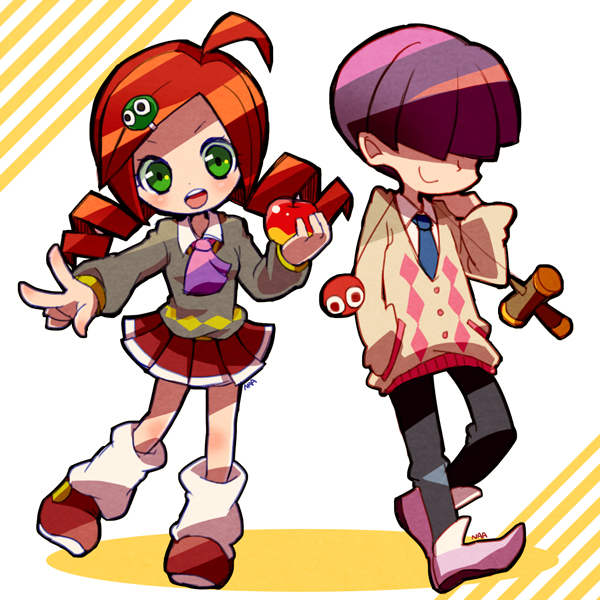 1boy, 1girl, ahoge, andou_ringo, apple, drill_hair, food, fruit