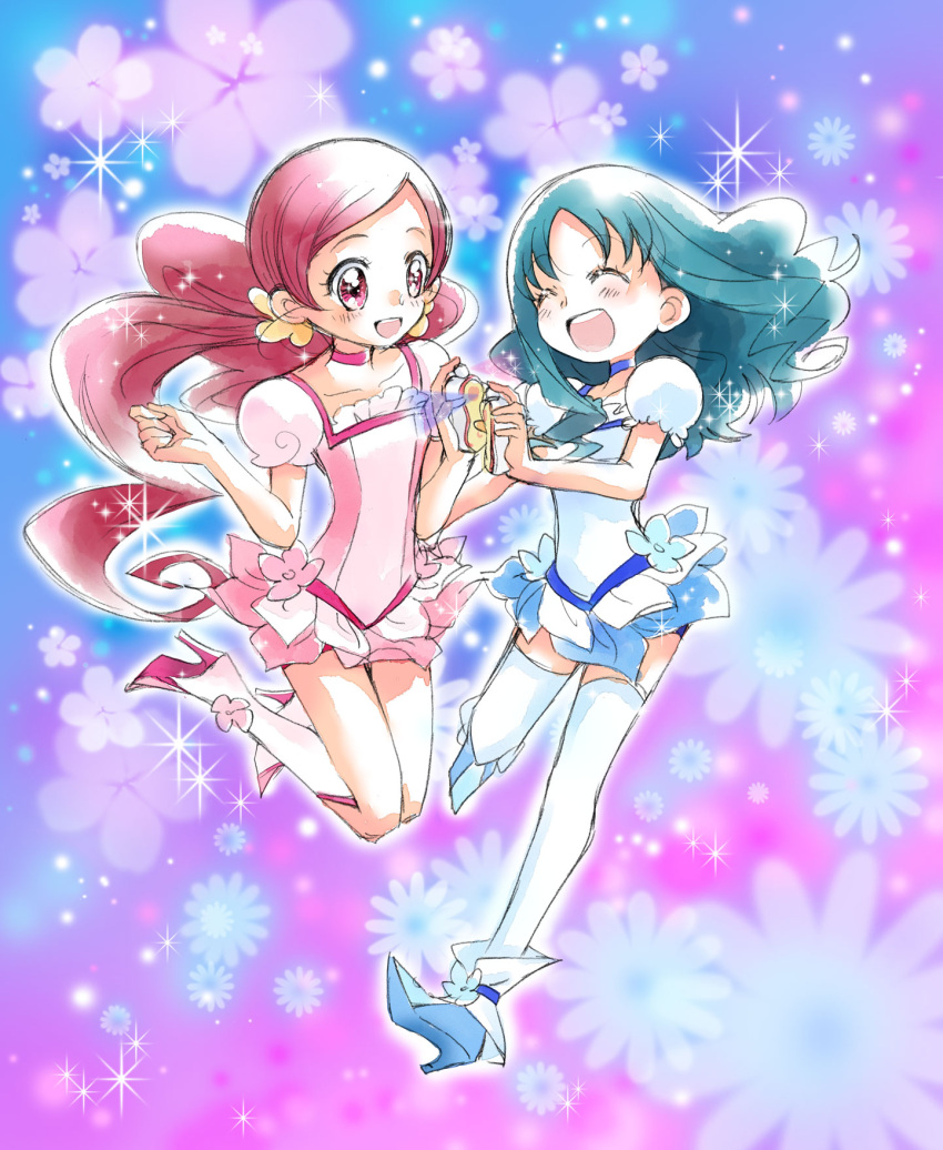 2girls, blue_hair, boots, closed_eyes, cure_blossom, cure_marine, dress, earrings