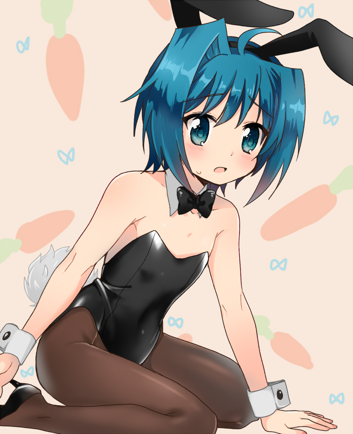 1boy, animal_ears, blue_eyes, blue_hair, bowtie, bunny_tail, bunnysuit, cardfight!!_vanguard