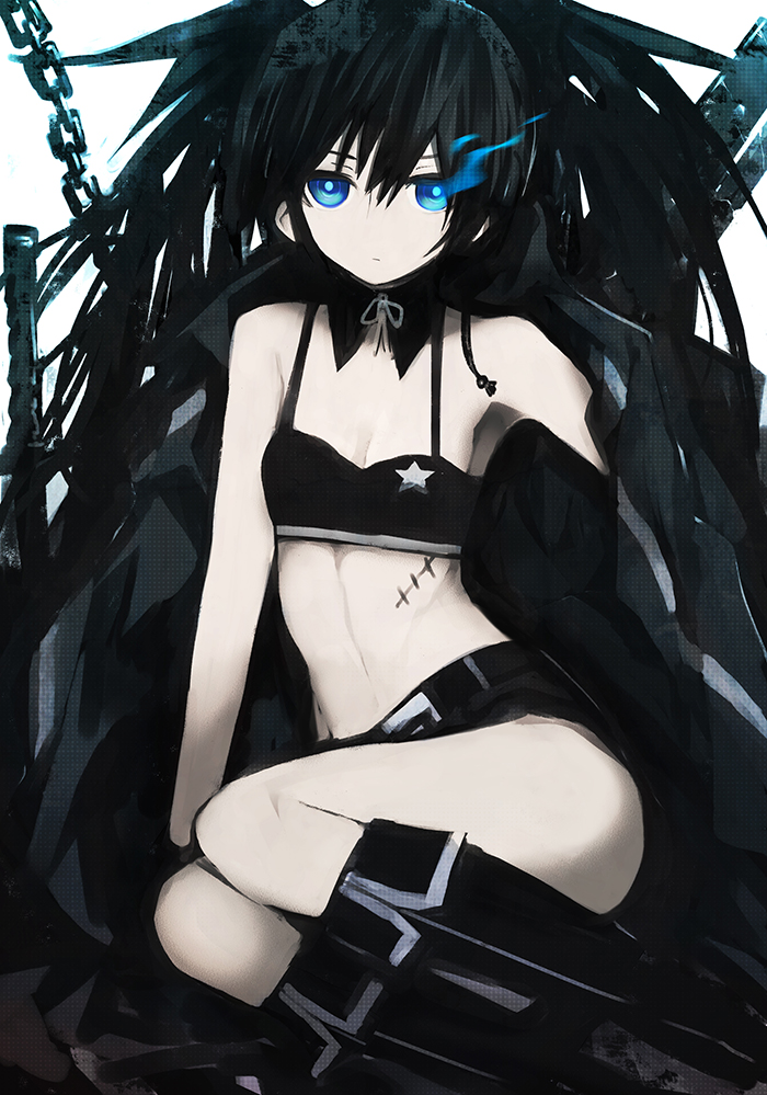 1girl, bikini_top, black_hair, black_rock_shooter, black_rock_shooter_(character), blue_eyes, boots, chain, coat, glowing, glowing_eyes, long_hair, midriff, navel, pale_skin, scar, shorts, sitting, solo, twintails, very_long_hair, zen_o