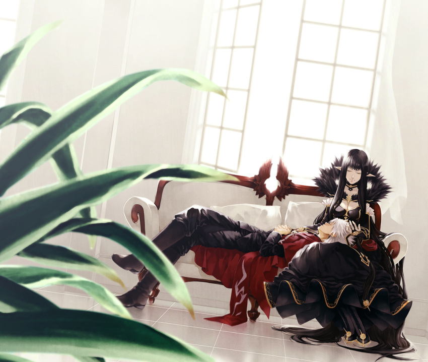 1boy, 1girl, assassin_of_red, black_hair, cape, couch, detached_sleeves, fate/apocrypha
