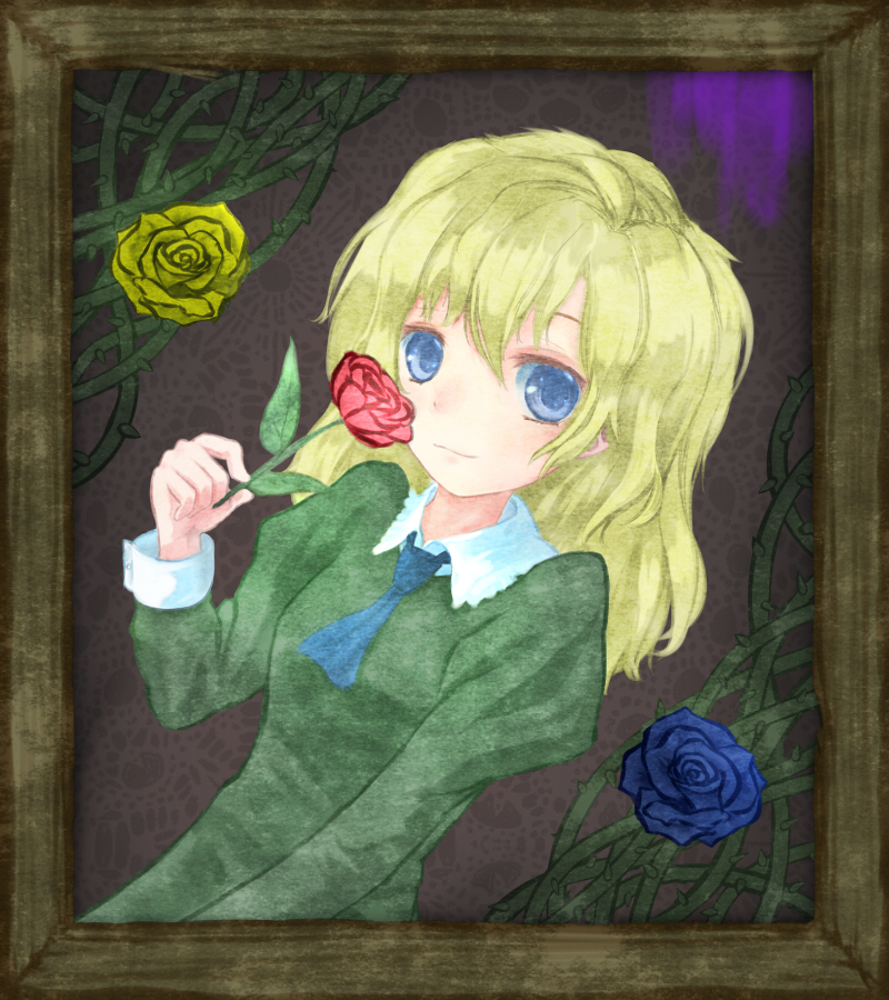 1girl, blonde_hair, blue_eyes, blue_rose, dress, flower, ib, long_hair