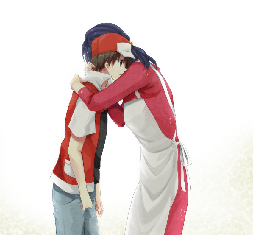 baseball_cap, black_eyes, black_hair, blue_hair, hat, highres, hug, jacket