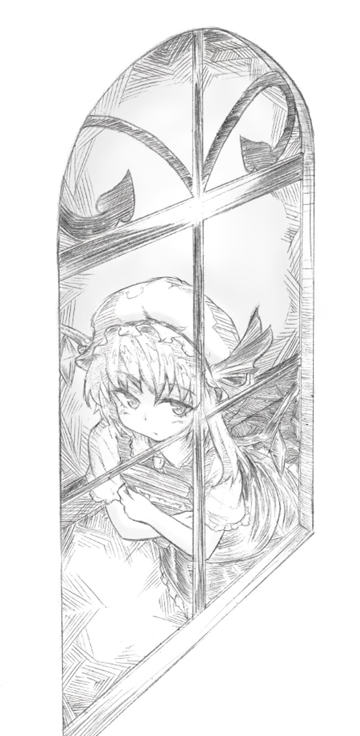 1girl, ascot, book, book_hug, faux_traditional_media, flandre_scarlet, frown, greyscale