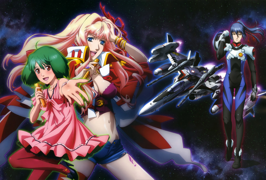 blonde_hair, blue_eyes, blue_hair, bodysuit, breasts, cleavage, floating, green_eyes