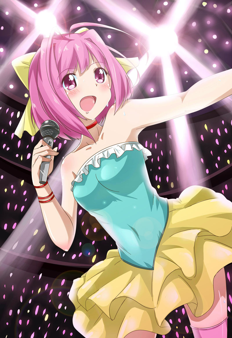 1girl, antenna_hair, armpits, bare_shoulders, blush, bow, clothed_navel, hair_bow