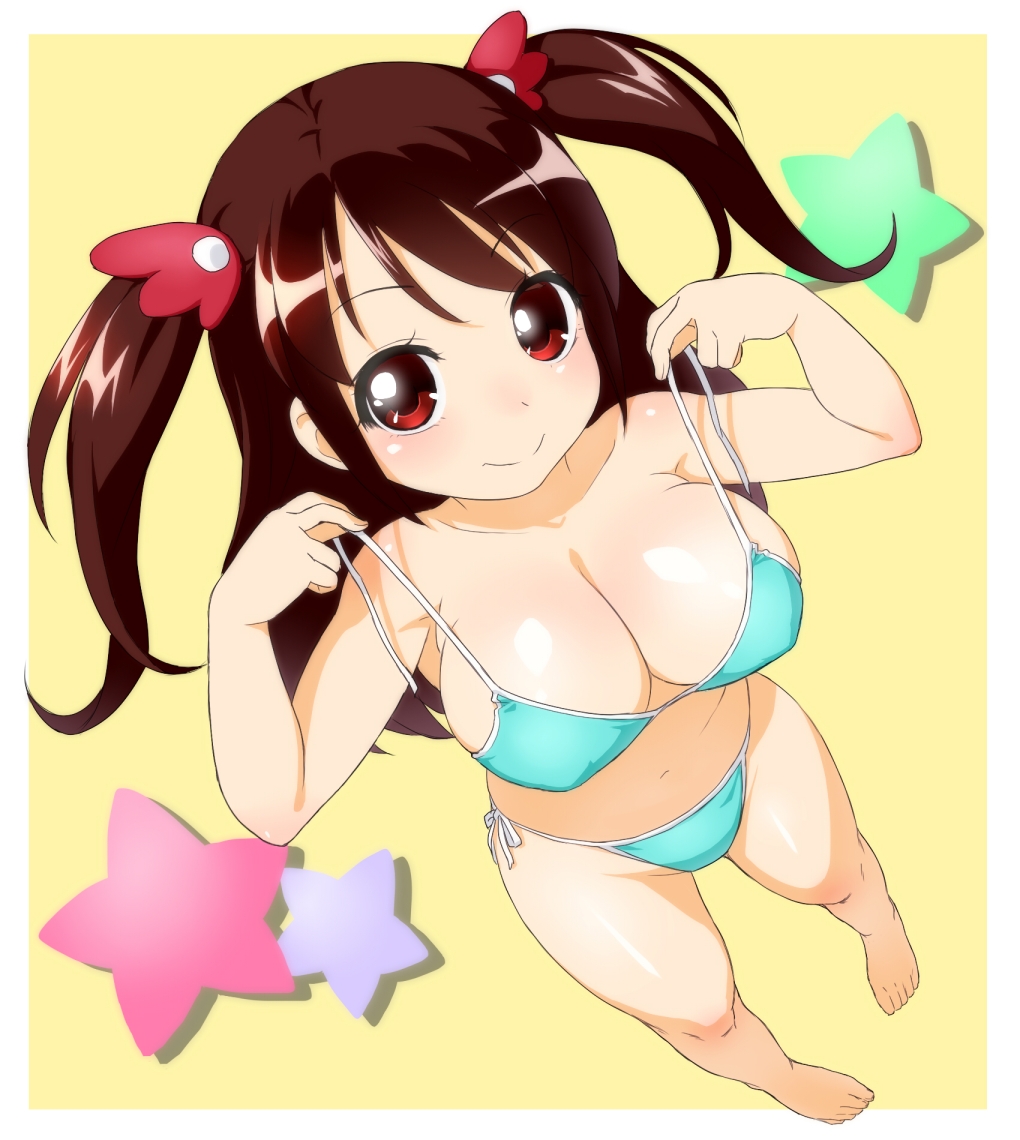 1girl, barefoot, bikini, blush, breasts, brown_hair, cleavage, from_above