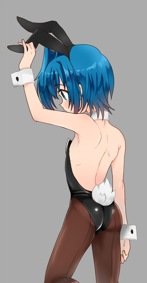 1boy, animal_ears, ass, back, blue_eyes, blue_hair, bunny_tail, bunnysuit, cardfight!!_vanguard, chawanmushi_(ebikamaboko), crossdressinging, detached_collar, from_behind, male, pantyhose, rabbit_ears, sendou_aichi, short_hair, tail, trap, wrist_cuffs