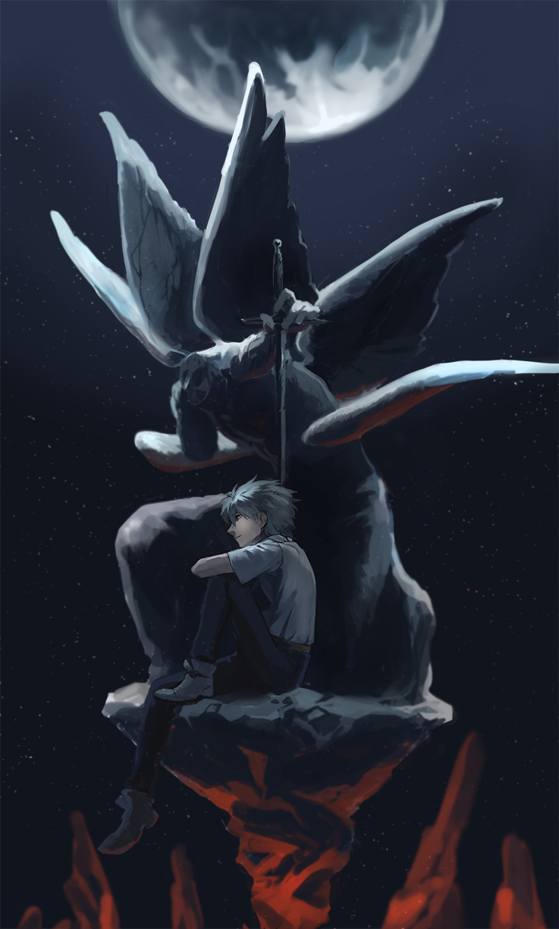 1boy, grey_hair, highres, male, moon, nagisa_kaworu, neon_genesis_evangelion, night