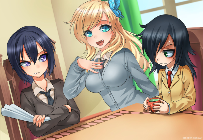 3girls, bags_under_eyes, black_hair, blonde_hair, blue_eyes, blush, boku_wa_tomodachi_ga_sukunai, breasts, butterfly, butterfly_hair_ornament, crossover, fan, fang, flat_chest, green_eyes, hair_ornament, hair_over_one_eye, harisen, kashiwazaki_sena, kuroki_tomoko, large_breasts, long_hair, mikazuki_yozora, multiple_girls, necktie, racoon-kun, school_uniform, shaded_face, smile, sweat, tea, violet_eyes, watashi_ga_motenai_no_wa_dou_kangaetemo_omaera_ga_warui!