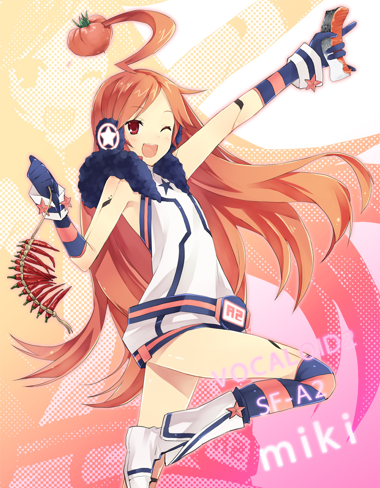 android, bare_shoulders, belt, boots, chili, dress, earmuffs, food, gloves, headphones, hijikini, jalapeno_(chili), jalapenos, kneehighs, long_hair, meat, miki_(vocaloid), red_eyes, red_hair, redhead, robot_joints, salmon, sf-a2_miki, sleeveless, smile, socks, solo, star, striped, striped_gloves, striped_kneehighs, tomato, turtleneck, vocaloid, wink, wrist_cuffs, yuzuki_karu