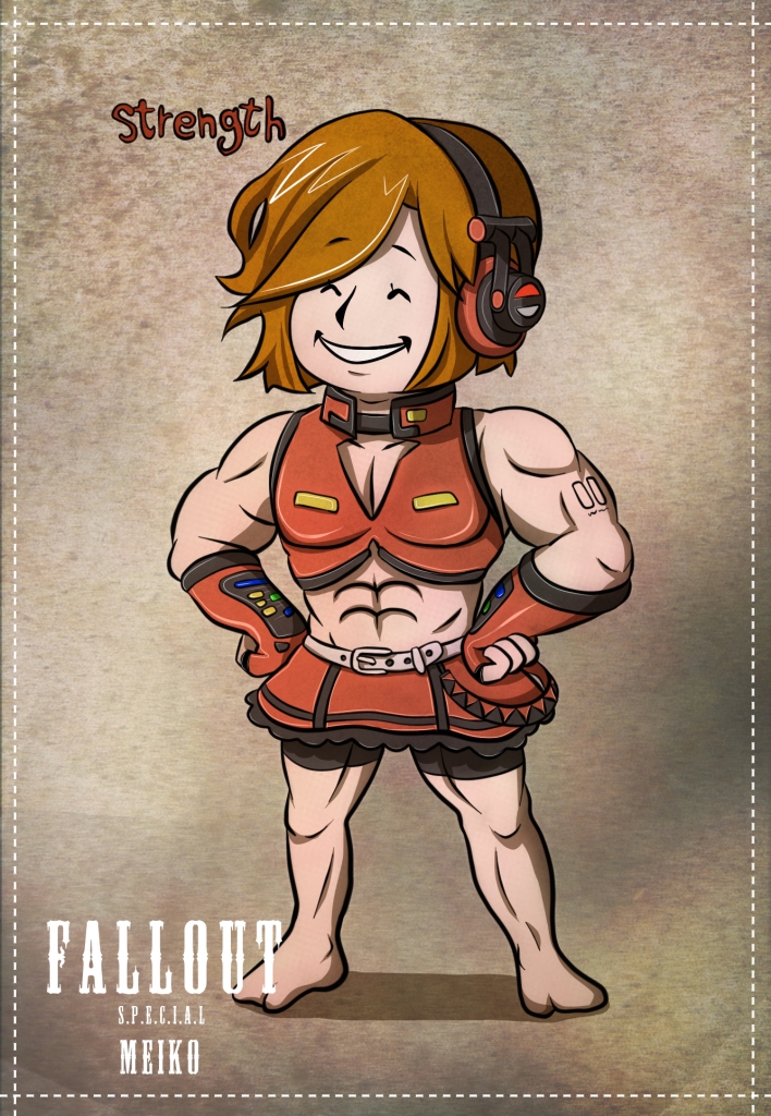 1girl, abs, bike_shorts, brown_hair, fallout, gyamo, hands_on_hips, headphones