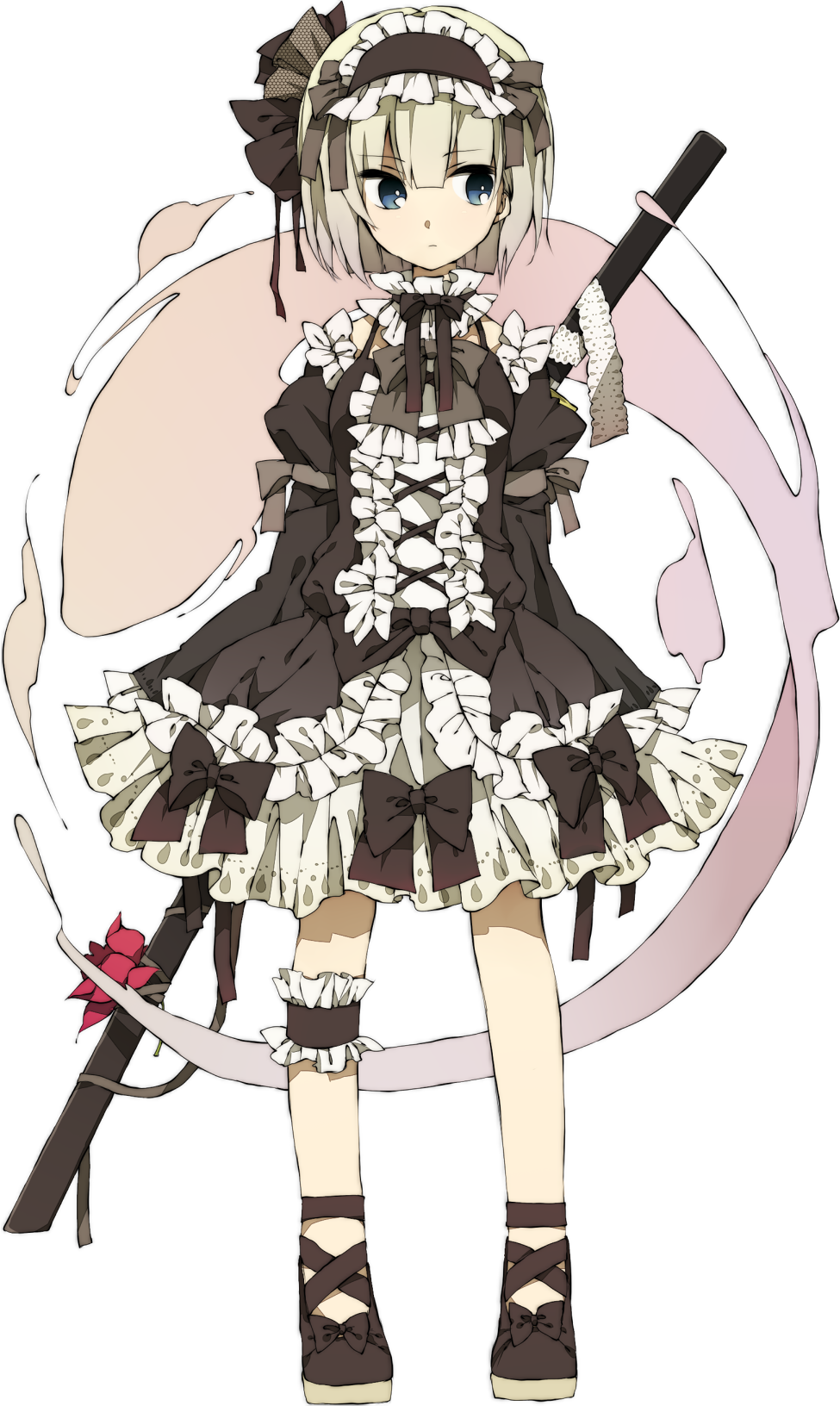 1girl, alternate_costume, black_dress, blue_eyes, bow, dress, frilled_dress, frills