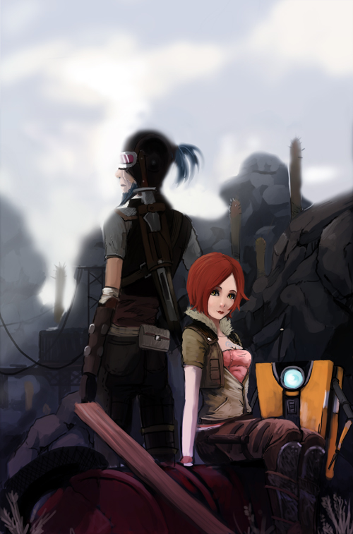 bloodink, blue_hair, borderlands, claptrap, facial_hair, junkyard, lilith_(borderlands), mordecai_(borderlands)