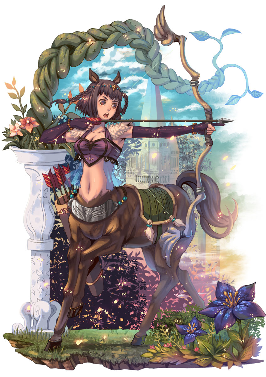 animal_ears, arrow, beads, bow_(weapon), brown_eyes, brown_hair, castle, centaur