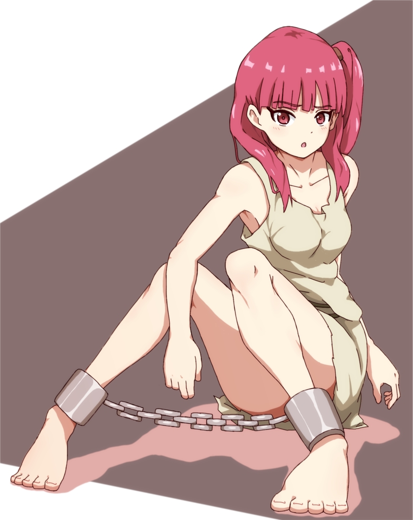 1girl, barefoot, bound_ankles, dress, long_hair, magi_the_labyrinth_of_magic, morgiana, pink_eyes, pink_hair, shackle, side_ponytail, sitting, slave, sleeveless, small_breasts, solo, toes, you_(maumauyo)