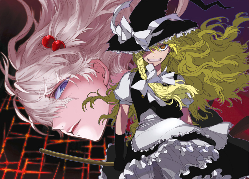 2girls, album_cover, apron, black_gloves, blonde_hair, blue_eyes, brown_eyes, cover, elbow_gloves, floating_hair, gloves, grin, hair_bobbles, hair_ornament, hair_over_one_eye, hat, hat_ribbon, ishikawa_yuga, kirisame_marisa, long_hair, multiple_girls, parted_lips, ribbon, shinki, smile, touhou, touhou_(pc-98), waist_apron, wind, witch_hat