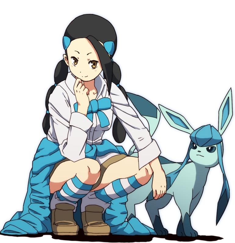 1girl, ahoge, black_hair, brown_eyes, candice_(pokemon), clothes_around_waist, commentary_request, forehead