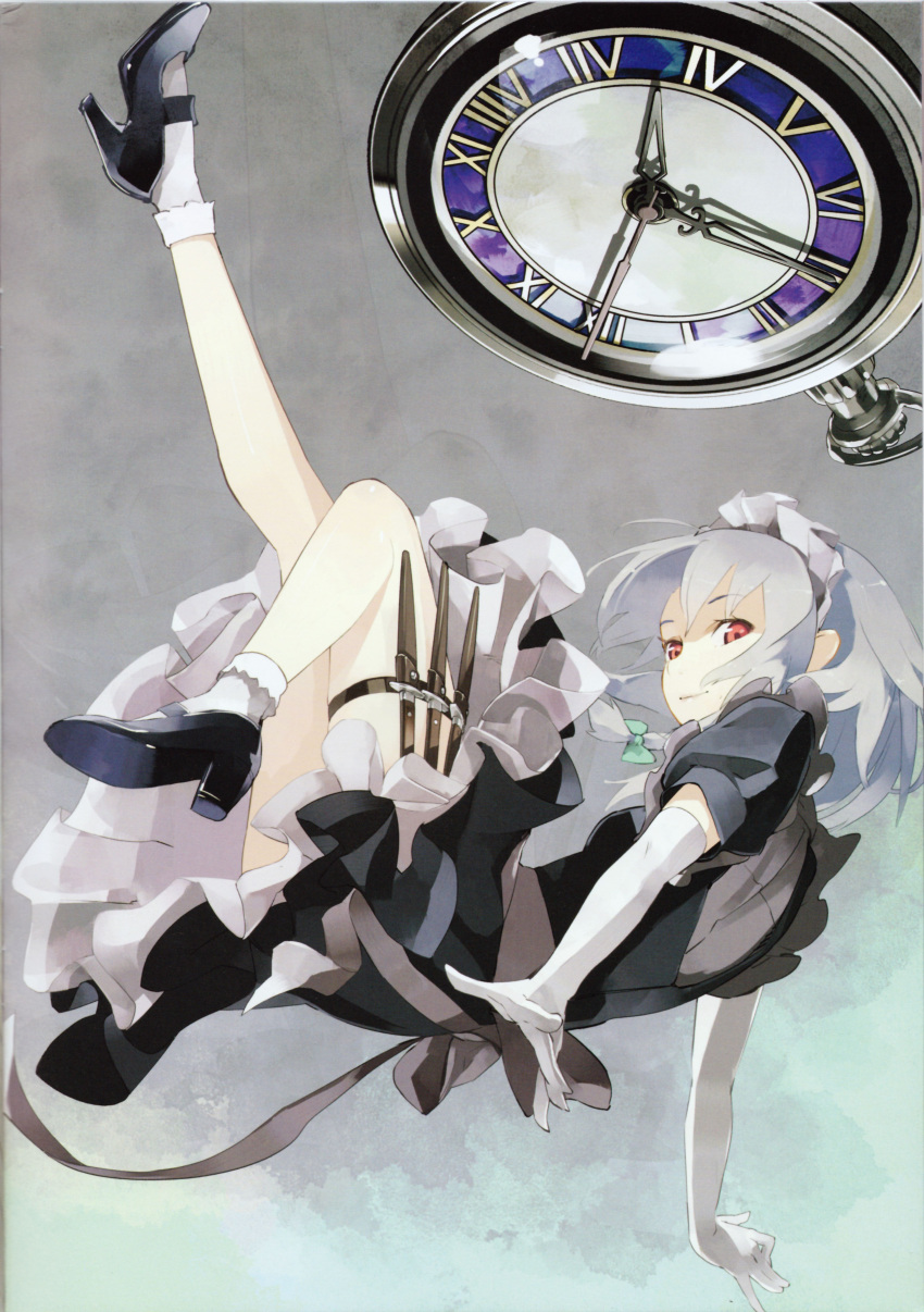 1girl, absurdres, bow, braid, frills, gloves, grey_hair, hair_bow, highres, izayoi_sakuya, knife, looking_at_viewer, maid_headdress, pocket_watch, puffy_sleeves, red_eyes, ribbon, scan, shiho, short_hair, short_sleeves, smile, socks, solo, touhou, twin_braids, watch