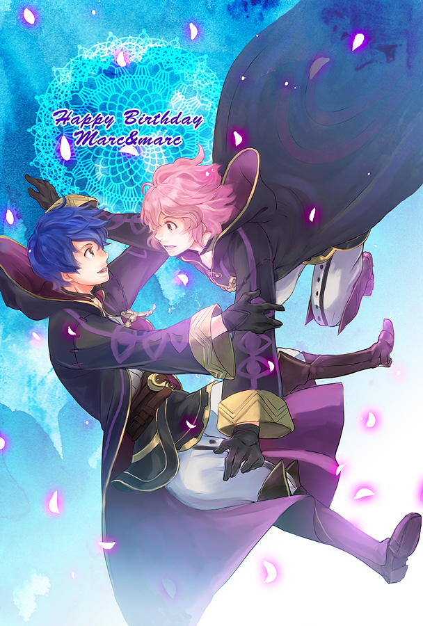 1boy, 1girl, :d, arms_up, birthday, black_gloves, blue_hair, boots