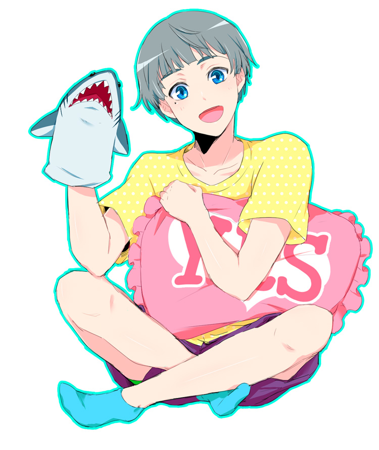 1boy, blue_eyes, blue_legwear, blush, free!, grey_hair, hand_puppet, male