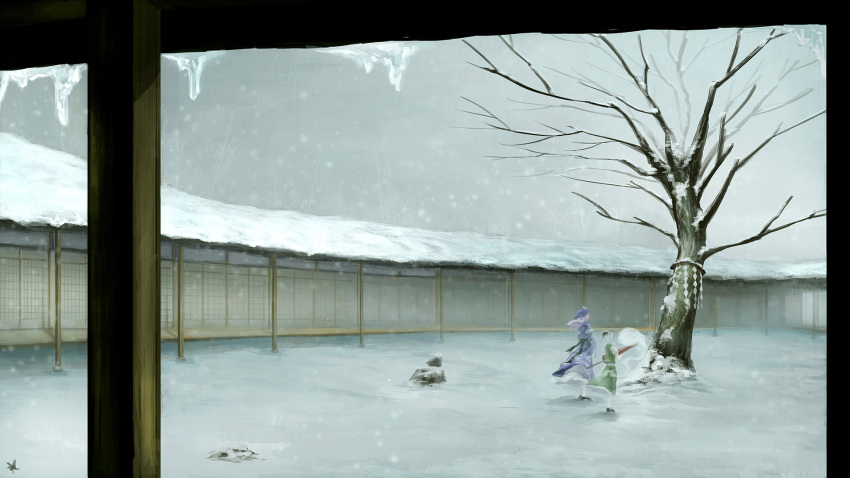 2girls, bare_tree, closed_umbrella, courtyard, east_asian_architecture, from_behind, highres, icicle, japanese_clothes, kimono, konpaku_youmu, konpaku_youmu_(ghost), long_sleeves, mob_cap, multiple_girls, obi, pink_hair, rat1989, rock, saigyouji_yuyuko, shide, shimenawa, short_hair, short_sleeves, skirt, skirt_set, snow, snowing, touhou, tree, umbrella, veranda, white_hair