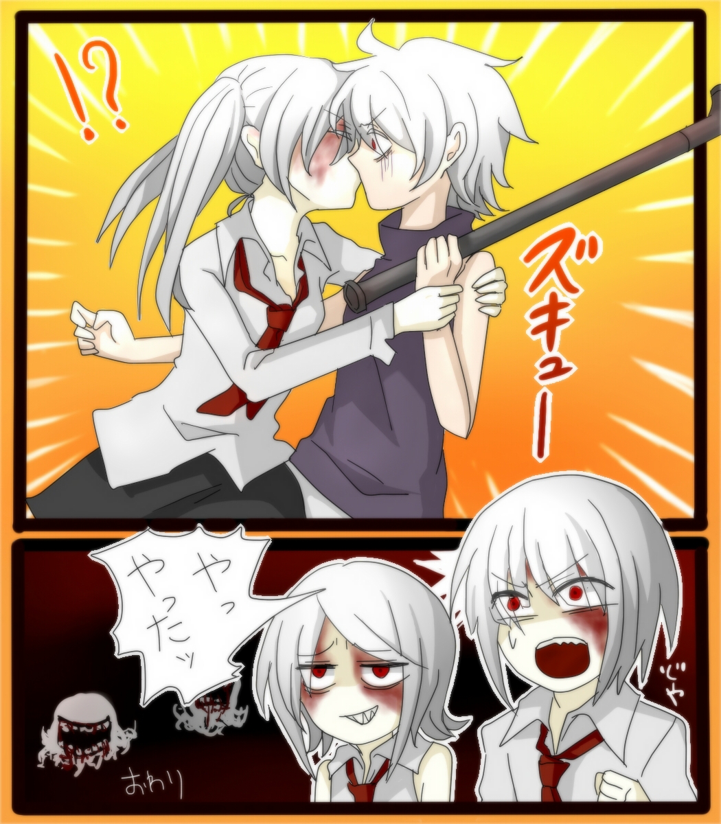 .flow, blood, closed_eyes, highres, kaibutsu, kiss, lead_pipe, nabuta375