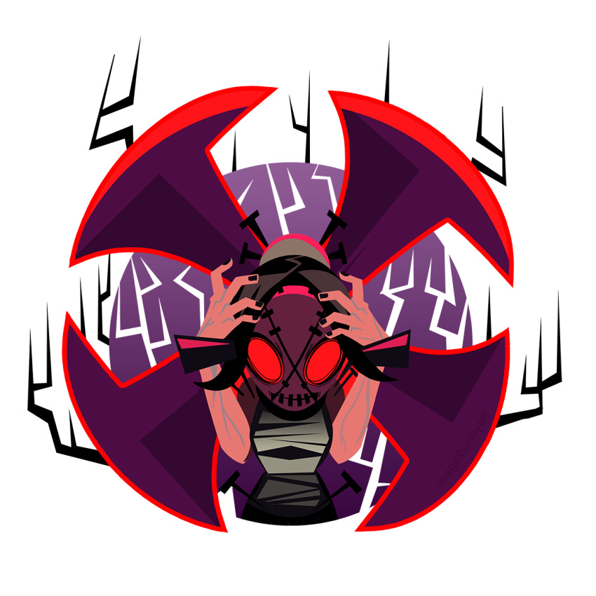 1girl, brown_hair, bun_cover, dress, glowing, glowing_eyes, hair_bun, highres, huge_weapon, mask, megan_ann_boyd, nail, painwheel_(skullgirls), red_eyes, shuriken, skullgirls, solo, veins, weapon, white_background