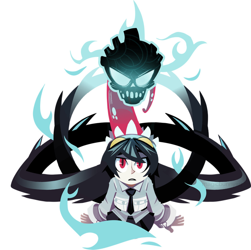 1girl, black_hair, extra_mouth, filia_(skullgirls), flat_color, futakuchi-onna, long_hair, megan_ann_boyd