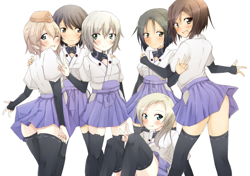 6+girls, bandaid, black_eyes, black_hair, black_legwear, blonde_hair, blue_eyes, brown_eyes