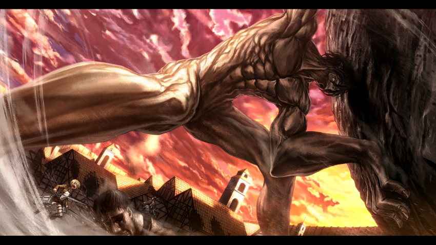 2boys, action, armin_arlert, black_hair, blonde_hair, boulder, highres, lain