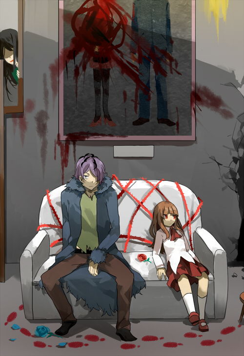 1boy, 2girls, blue_rose, brown_hair, coat, couch, dress, evil_smile