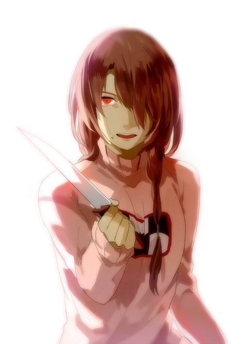 1girl, brown_hair, getiao, hair_over_one_eye, holding, knife, long_hair, madotsuki