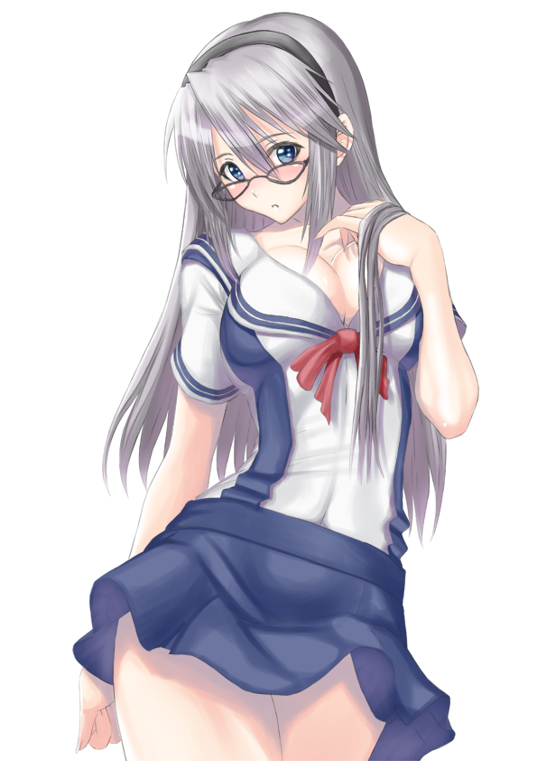 blue_eyes, blush, breasts, clannad, cleavage, glasses, hairband, long_hair, sakagami_tomoyo, school_uniform, silver_hair, sirumeria, skirt