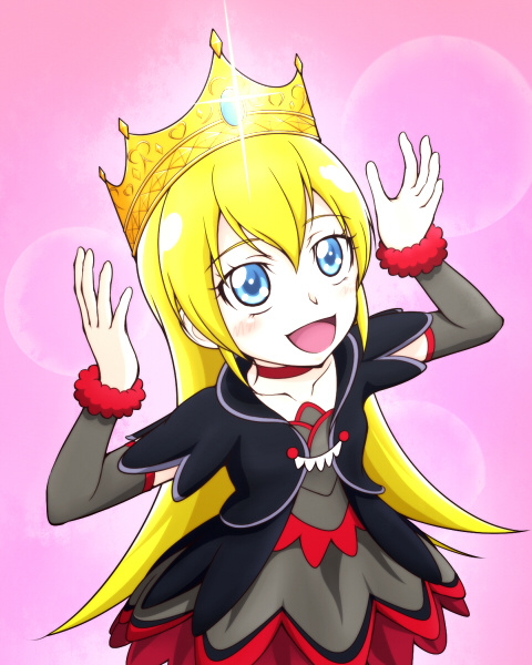1girl, :d, aka_shiba, blonde_hair, blue_eyes, bow, choker, collarbone, cropped_jacket, crown, dokidoki!_precure, dress, hair_bow, long_hair, open_mouth, precure, regina_(dokidoki!_precure), smile, solo