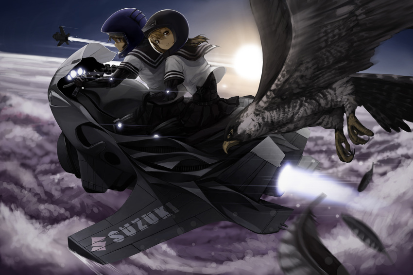 2girls, aircraft, bird, bodysuit, brown_eyes, brown_hair, clouds, falcon