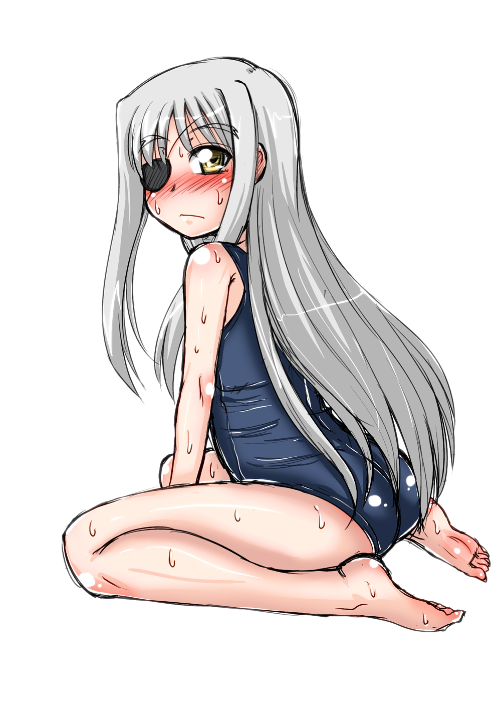 1girl, blush, cinque_(nanoha), eyepatch, highres, long_hair, lyrical_nanoha, mahou_shoujo_lyrical_nanoha_strikers, numbers_(nanoha), silver_hair, sweat, syonnaka, yellow_eyes
