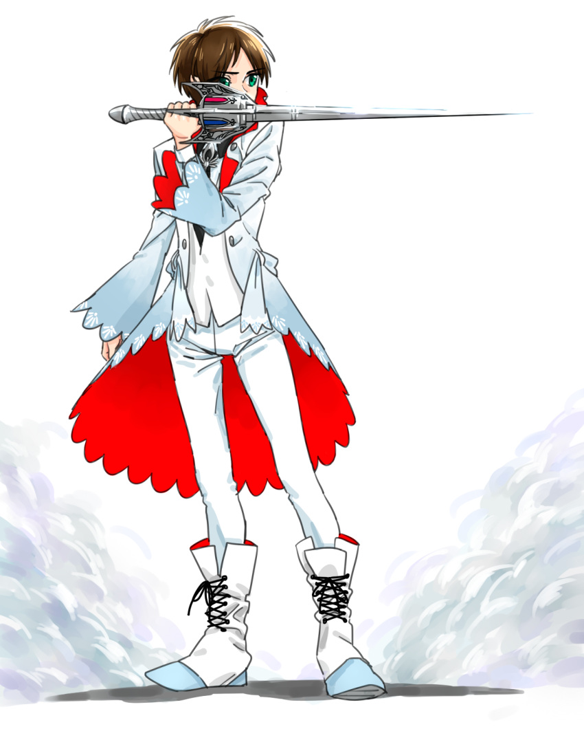1boy, black_hair, cosplay, eren_jaeger, green_eyes, guwaba_(jyh4661), highres, rapier