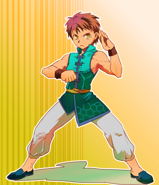 1boy, brown_hair, chinese_clothes, emiya_shirou, fate/stay_night, fate_(series), fighting_stance, mizu_hp, redhead, solo, yellow_eyes