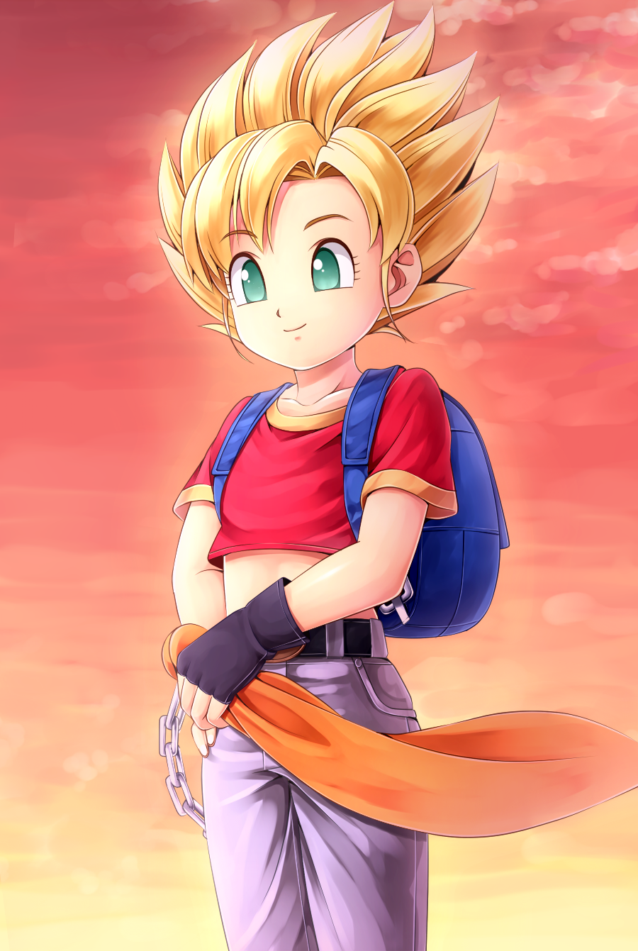 1girl, backpack, bag, bandana, bandana_removed, blonde_hair, dragon_ball, dragon_ball_gt, fingerless_gloves, flat_chest, gloves, green_eyes, highres, komitsu, long_hair, midriff, pan_(dragon_ball), smile, solo, spiky_hair, super_saiyan