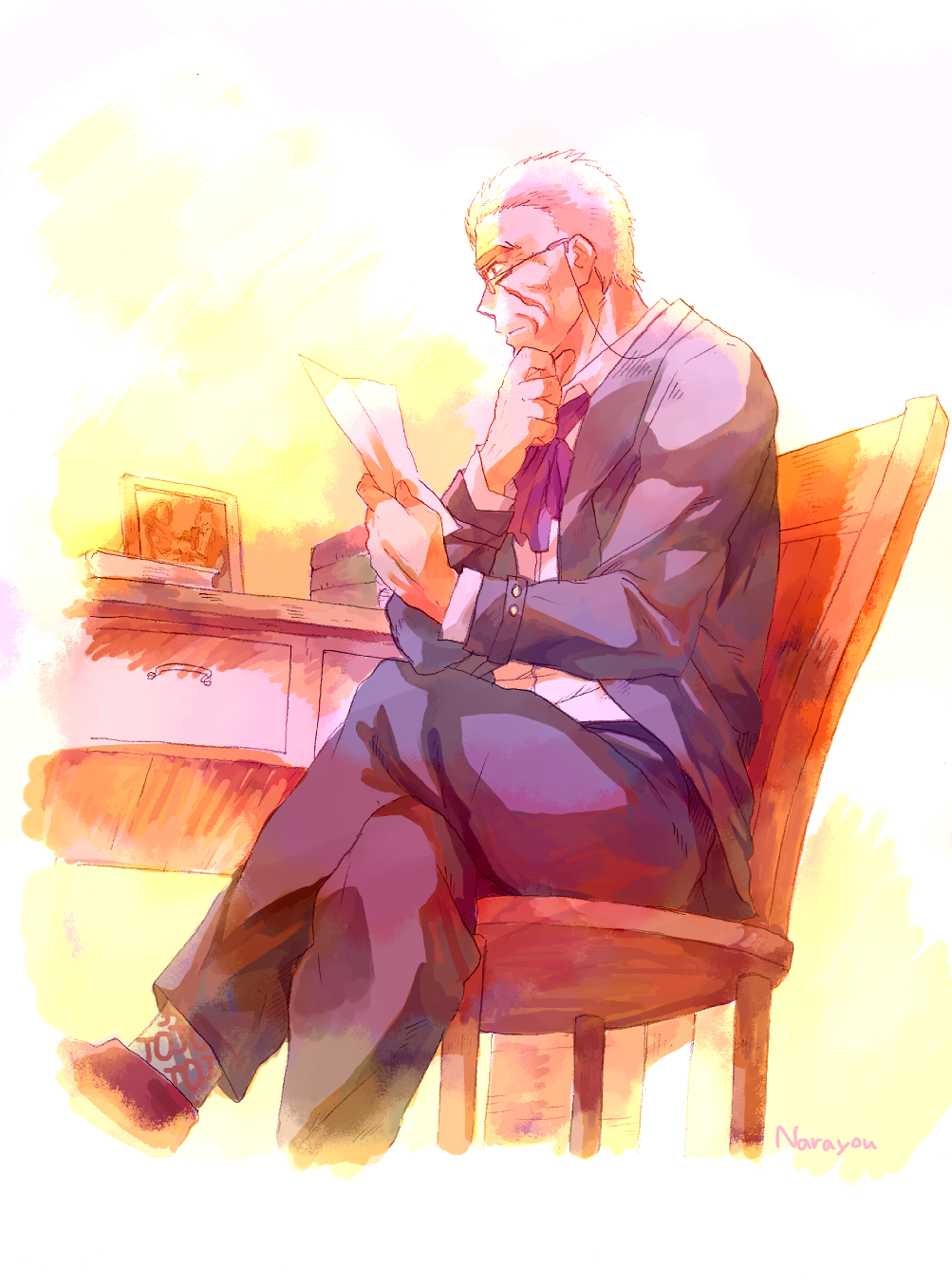 1boy, formal, glasses, highres, jojo_no_kimyou_na_bouken, old, papers, robert_eo_speedwagon