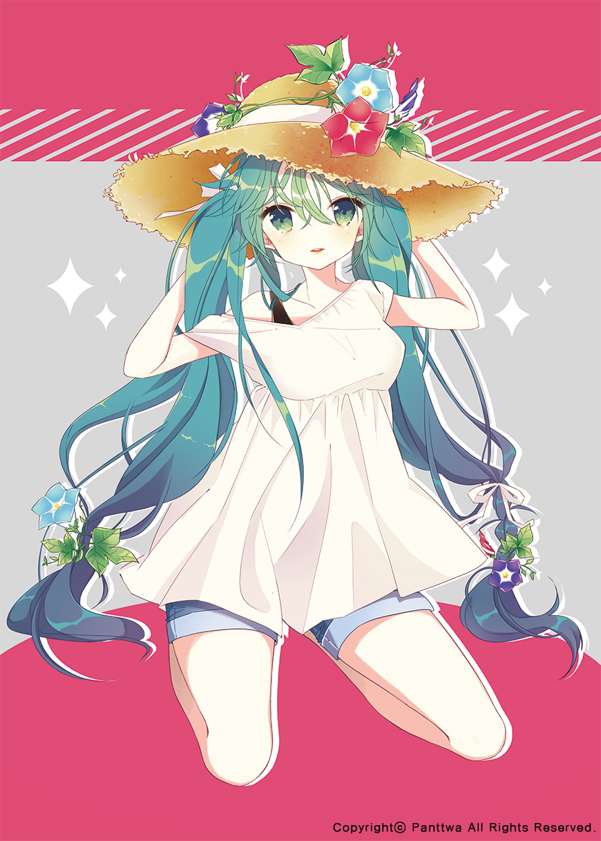 1girl, aqua_hair, flower, green_eyes, hat, hatsune_miku, highres, long_hair, off_shoulder, panttwa, seiza, shorts, sitting, solo, straw_hat, sun_hat, twintails, very_long_hair, vocaloid