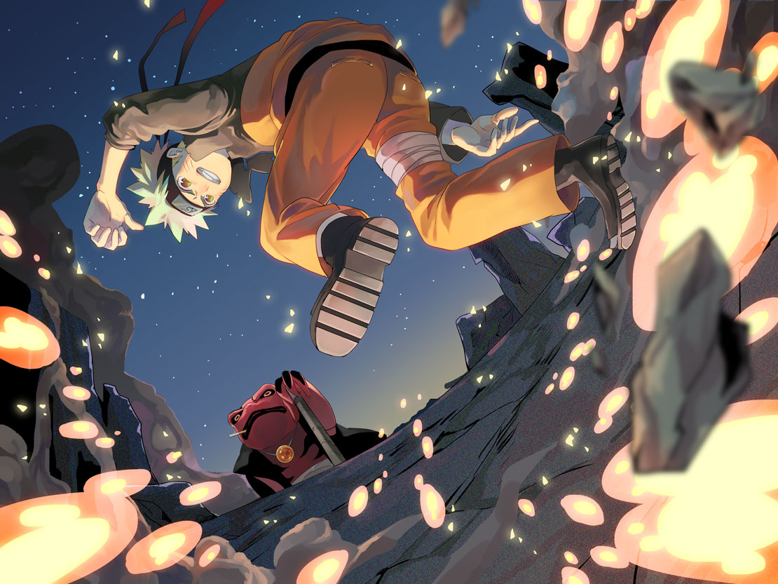 1boy, blonde_hair, forehead_protector, gamabunta, grin, headband, hinatsu, jacket