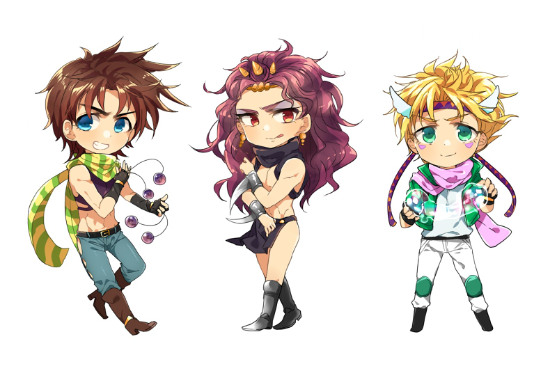 3boys, blonde_hair, blue_eyes, bola_(weapon), bubble, caesar_anthonio_zeppeli, cars_(jojo), chibi