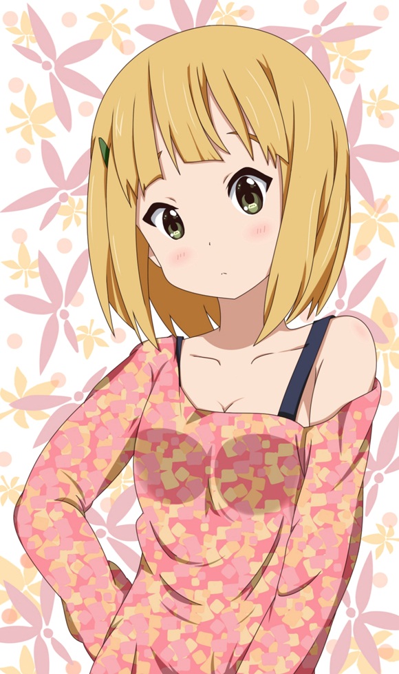 1girl, blonde_hair, blush, green_eyes, hair_ornament, hairclip, hamaru01, looking_at_viewer